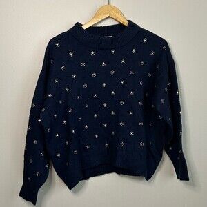 Mango Navy Wool Blend Beaded Crewneck Pullover Sweater Size XS